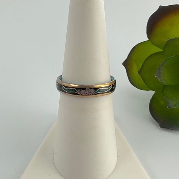 Vintage Black Cloisonne Enamel Ring with Pink Flowers & Green Leaves - Picture 1 of 9
